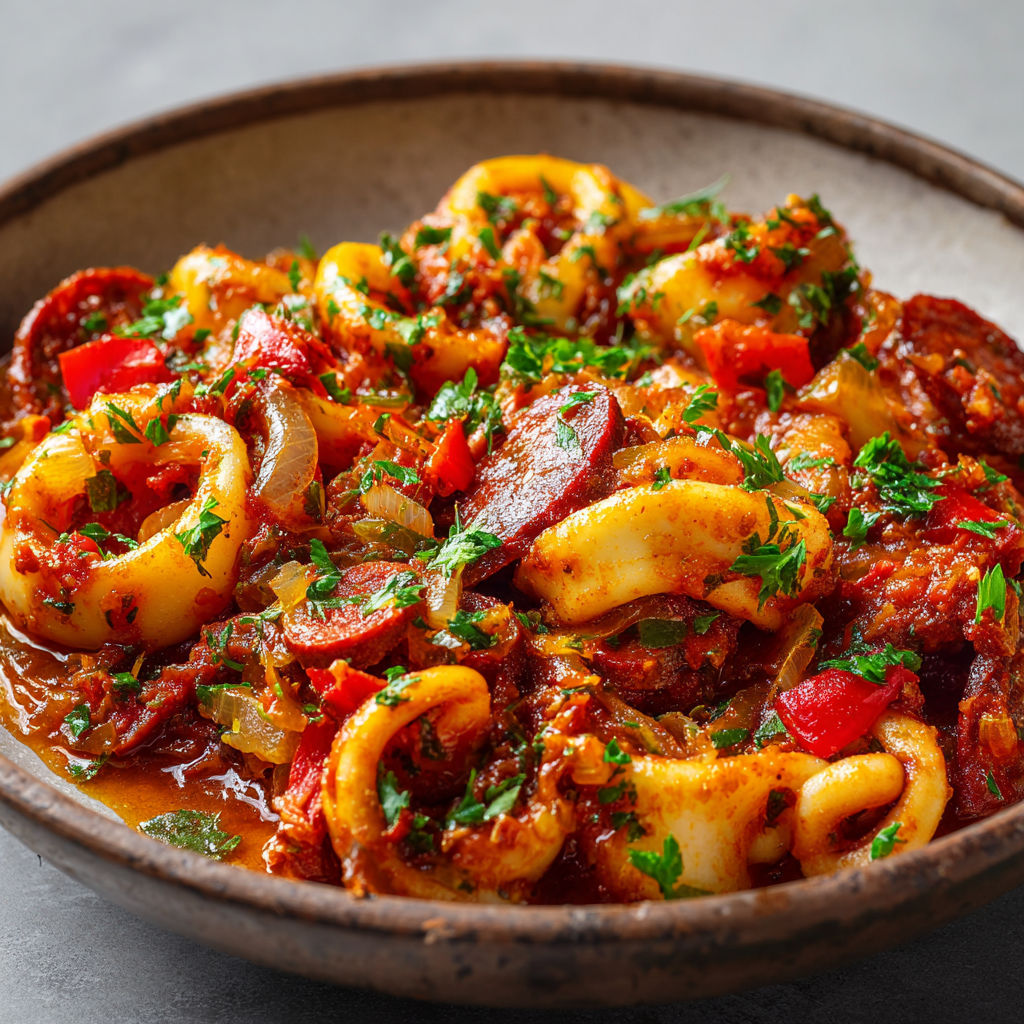 Calamars mijotés à la sauce tomate et vin blanc, relevés au chorizo doux et au poivron rouge.