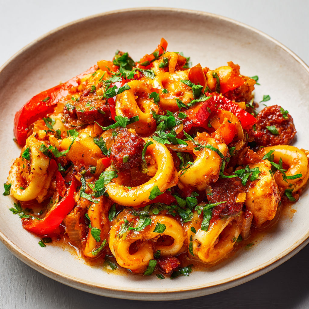 Fricassée méditerranéenne de fruits de mer, mélangeant anneaux de calamar tendres et rondelles de chorizo parfumé.