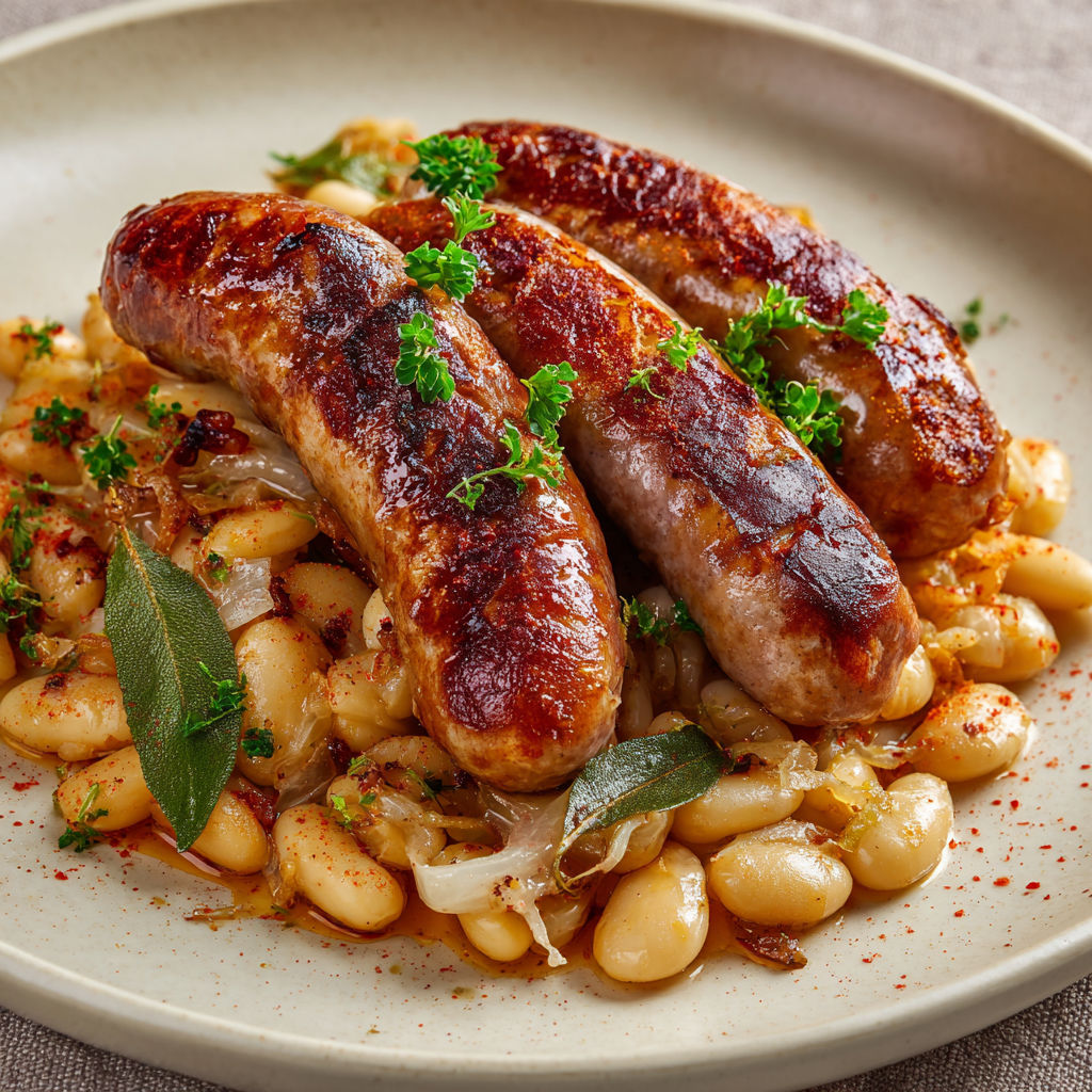 Saucisses catalanes dorées servies avec des haricots blancs mijotés à l’ail, à l’oignon et au paprika doux.