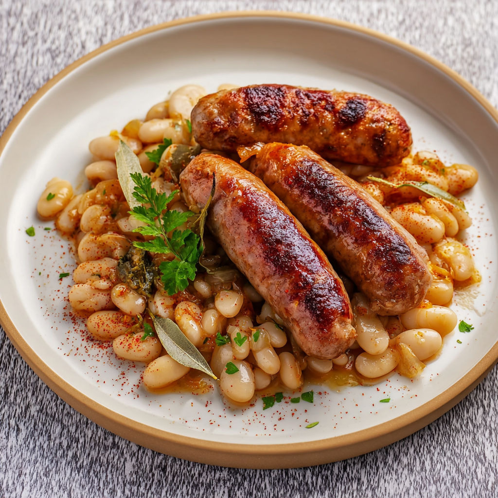 Plat traditionnel catalan appelé botifarra amb mongetes, riche et rustique, aux saveurs fumées et herbacées.