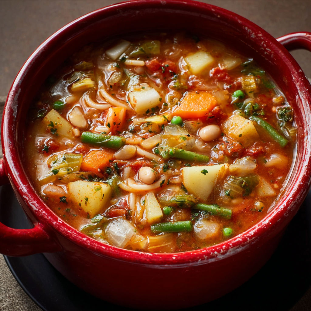 Soupe italienne rustique type minestrone, riche en légumes, haricots blancs et pâtes, mijotée avec lard et bouillon parfumé.