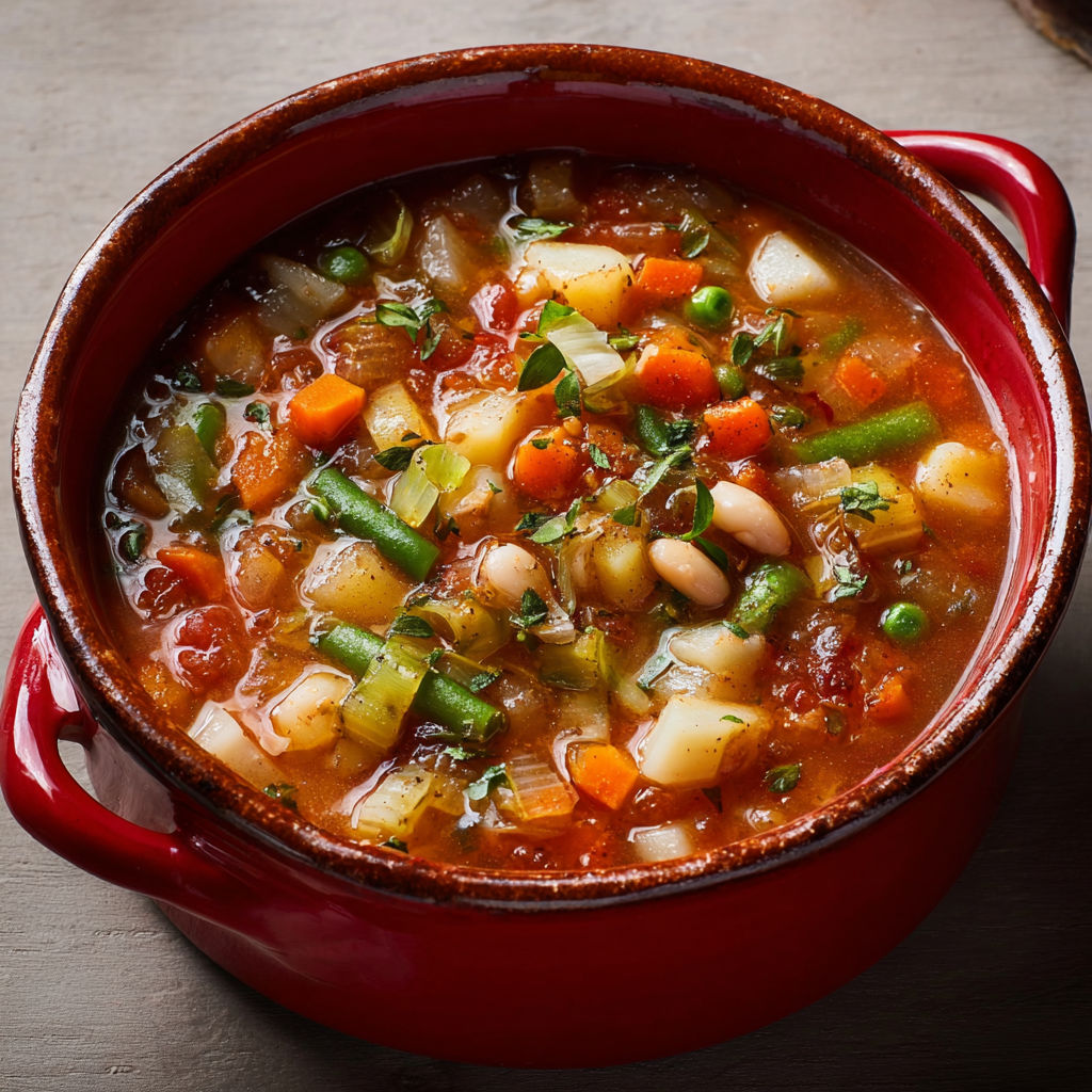 Minestrone épais et réconfortant, aux haricots, pommes de terre et spaghettis, relevé d’ail, huile d’olive et fromage râpé en finition.