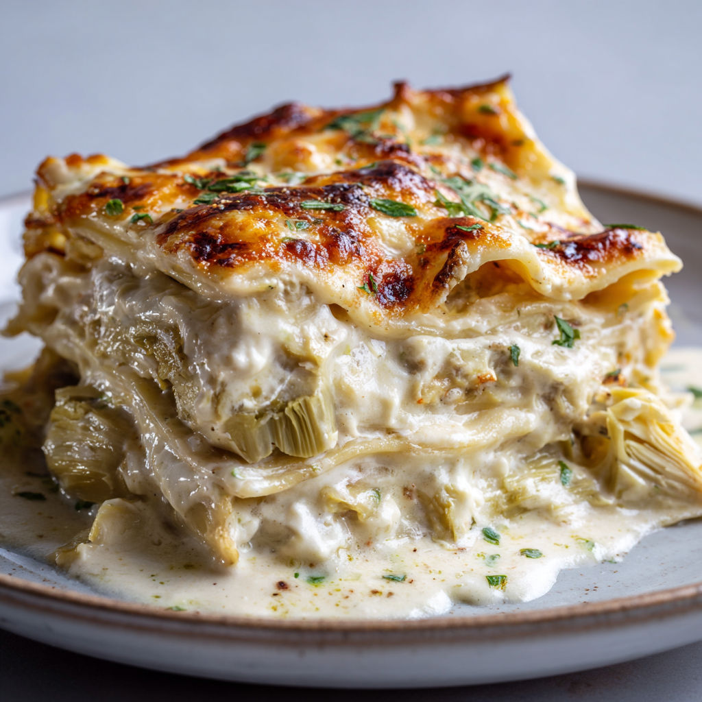 Un plat de lasagna baignant dans une sauce au bechamel et garnie d'artichauts.