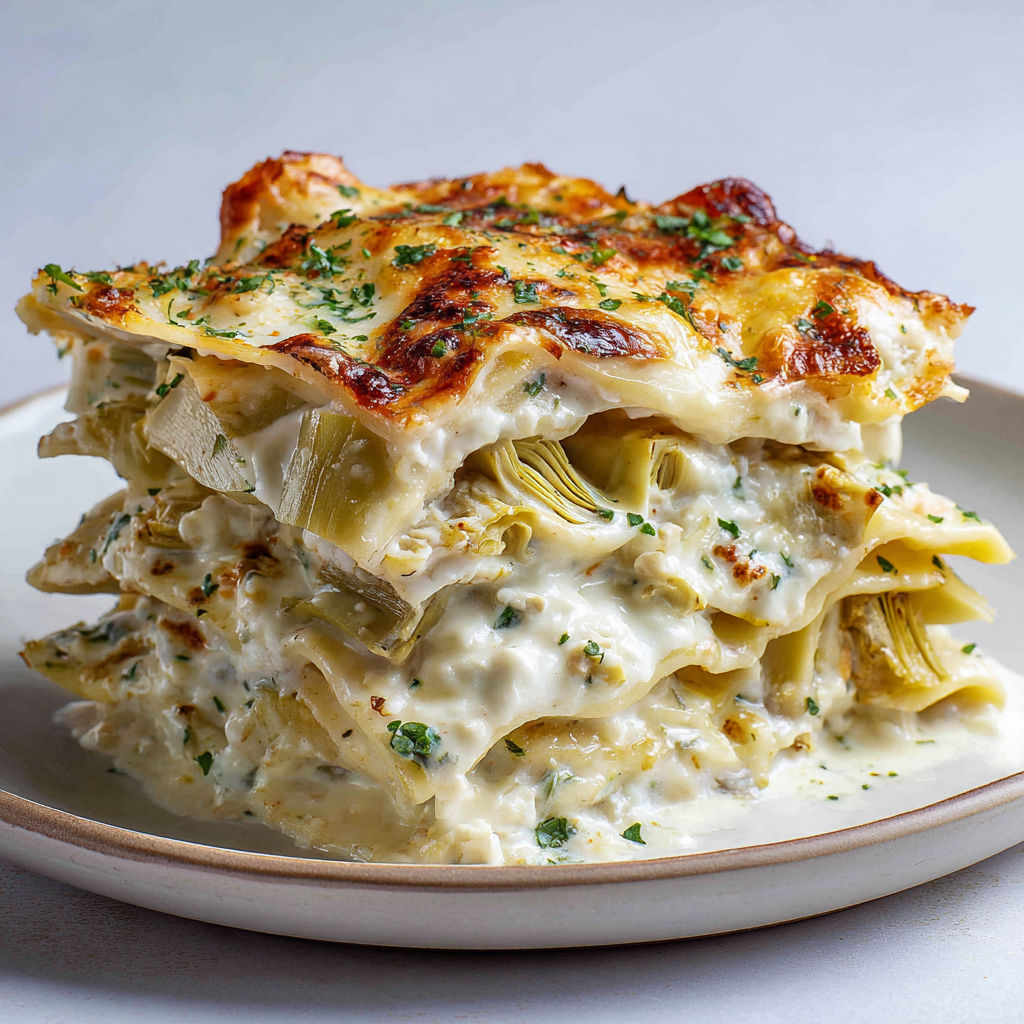 Des lasagnes blanches : De la ricotta, une savoureuse béchamel et des artichauts à l'ail.