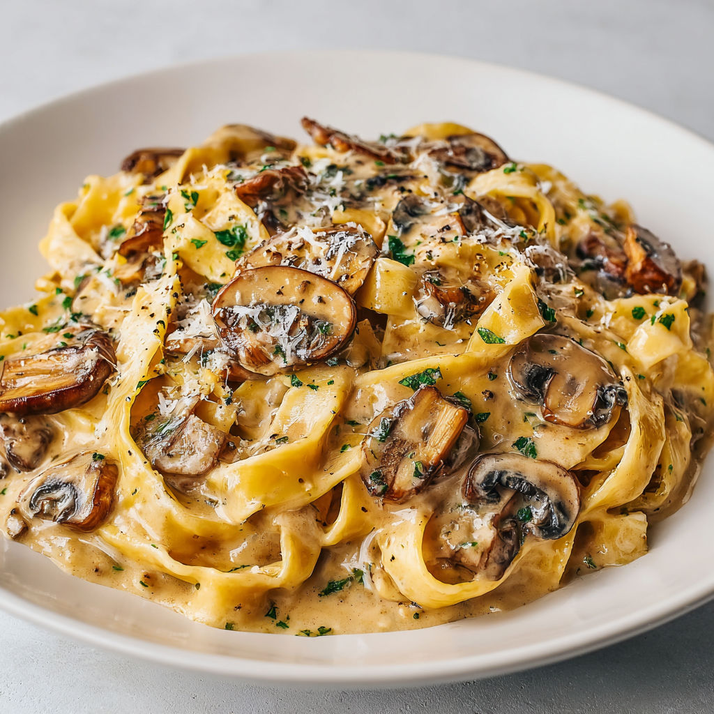 Une plate de tagliatelle aux champignons, ail et de parmesan, servie sur une table.