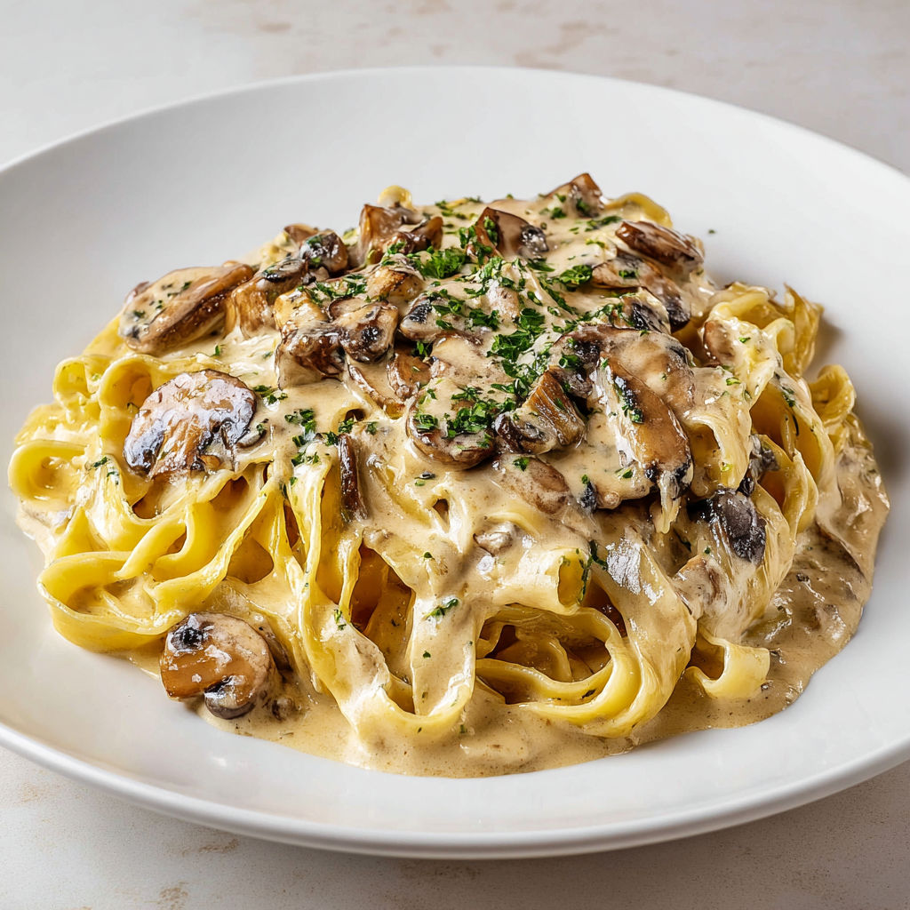 Tagliatelle fraîches aux champignons dorés à l’ail, enrobées d’huile d’olive et de jus de cuisson réduit, finition parmesan.
