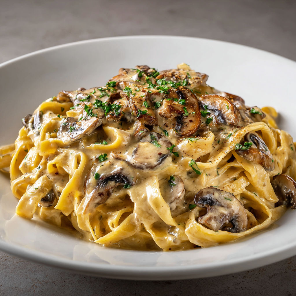 Pâtes gourmandes aux champignons forestiers sautés, relevées au persil plat et servies bien nappées d’une sauce simple et parfumée.