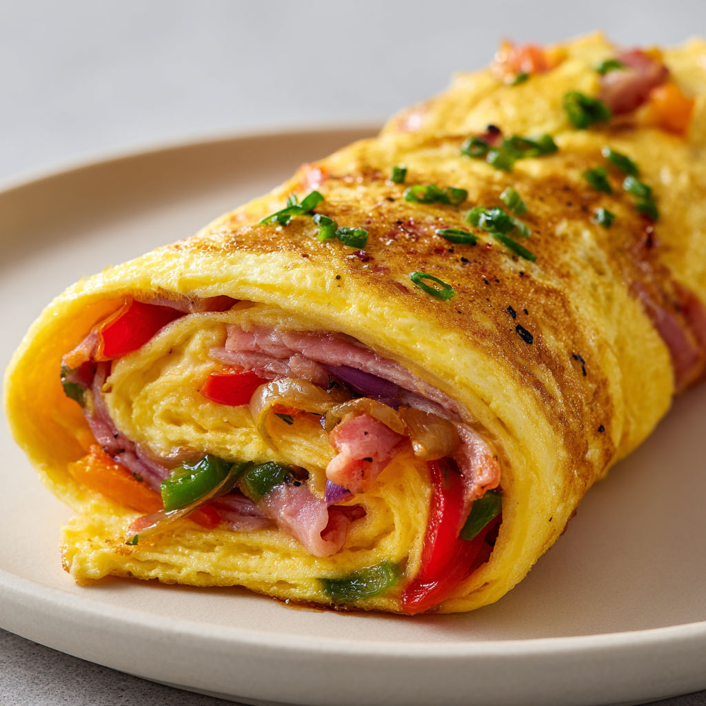 Omelette moelleuse aux poivrons et oignons fondants, garnie de jambon de Bayonne légèrement salé, roulée pour une présentation rustique et gourmande.