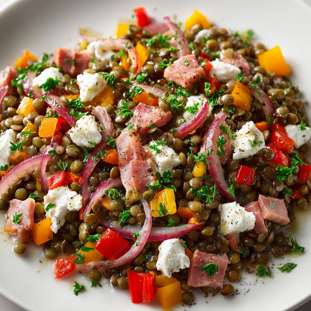 Une salade de lentilles et légumes colorés, avec des légumes croquants et des fromages, est servie sur un plateau.