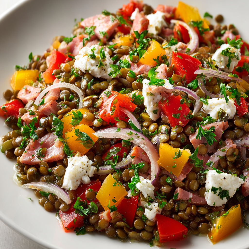 Salade complète de lentilles vertes aux échalotes, poivrons croquants et feta émiettée, relevée d’une vinaigrette simple à l’huile d’olive et vinaigre.