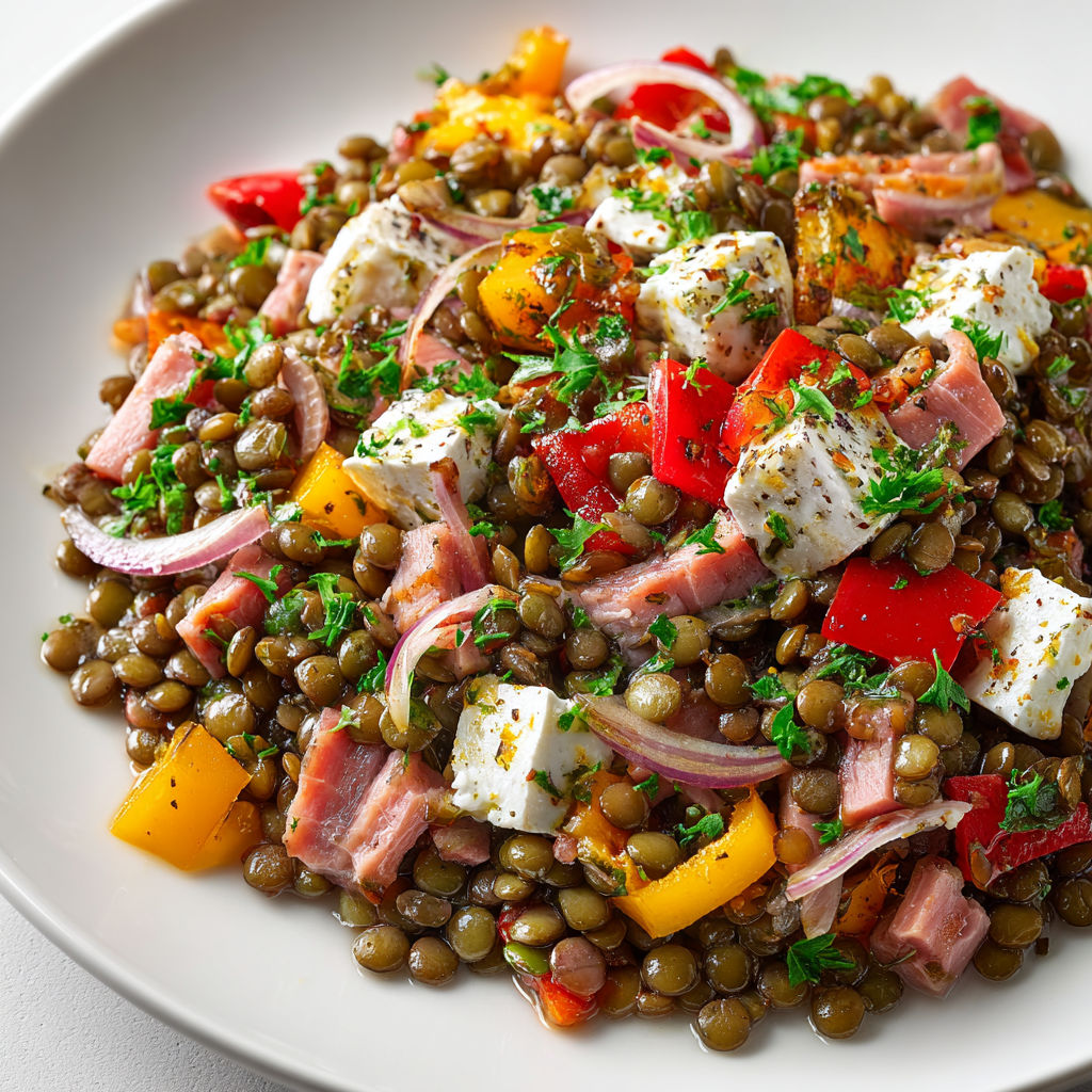 Plat froid rustique et nutritif, souvent servi en entrée ou en repas léger, avec une touche salée apportée par la feta et le jambon optionnel.