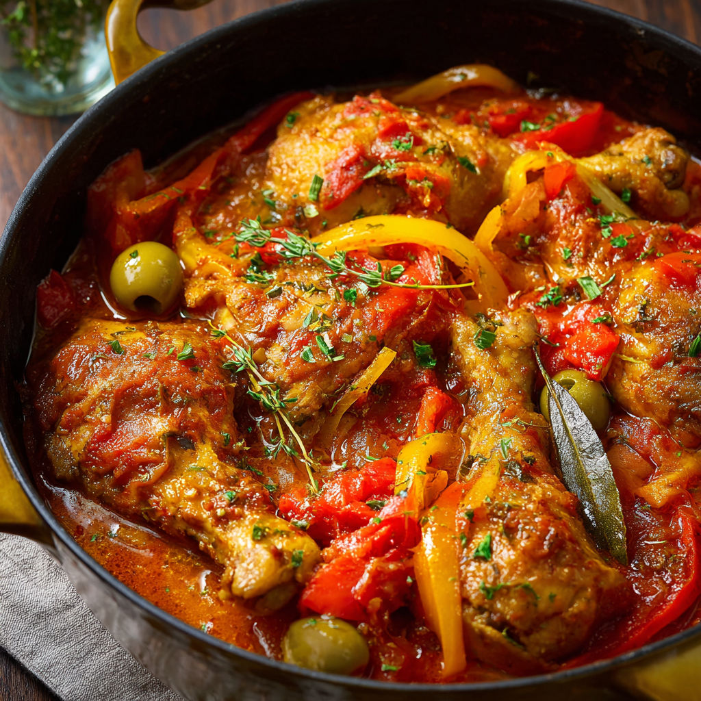 Poulet basquaise mijoté aux poivrons fondants, tomates et olives, parfumé au thym, laurier et piment d’Espelette.