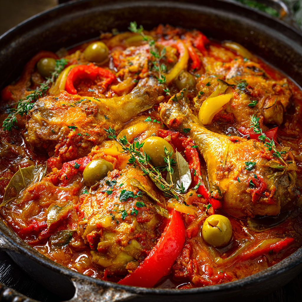 Plat traditionnel du Sud-Ouest, généreux et coloré, où le poulet devient tendre dans une sauce riche et légèrement relevée.