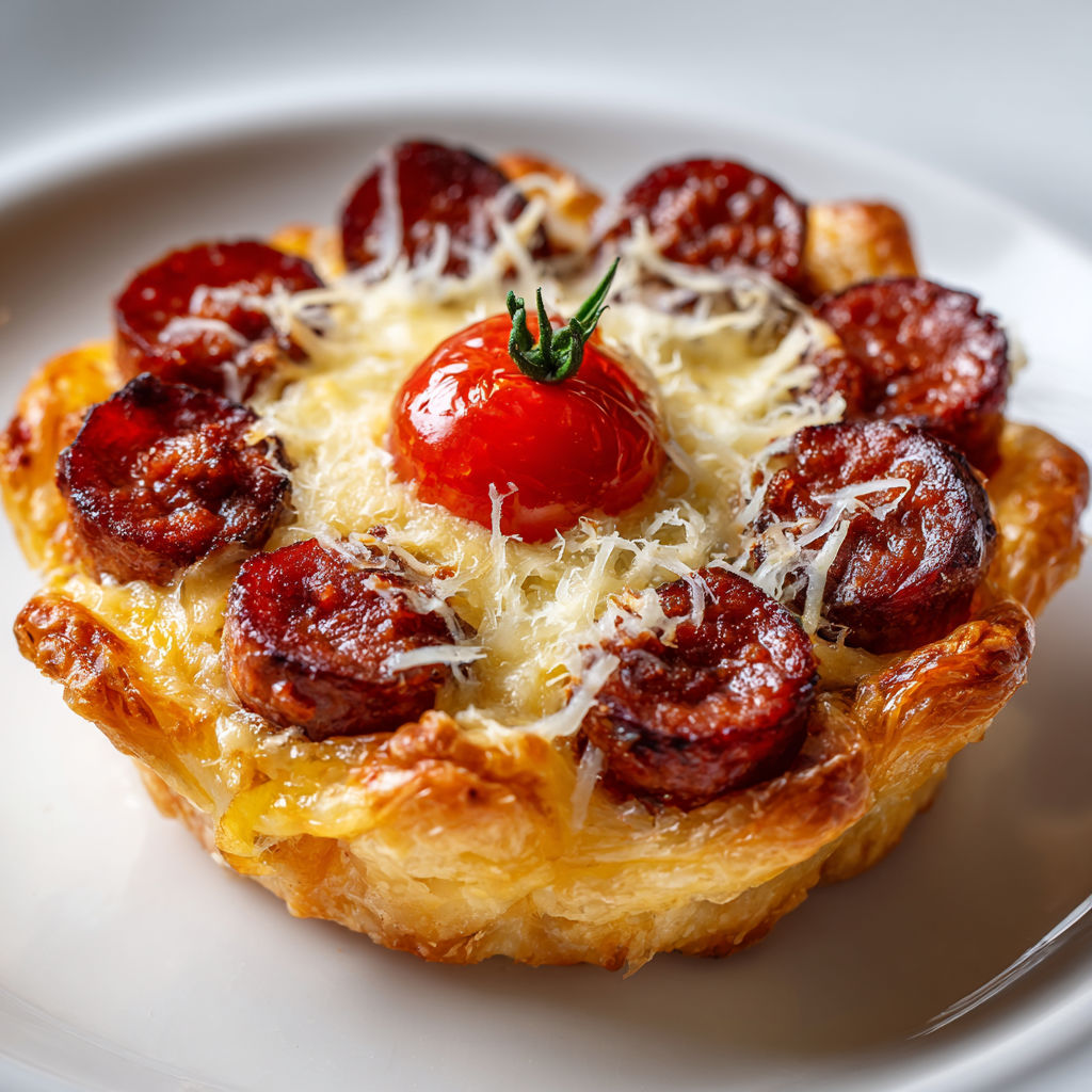 Une tartelette en fleur de merguez est servie sur un plateau.