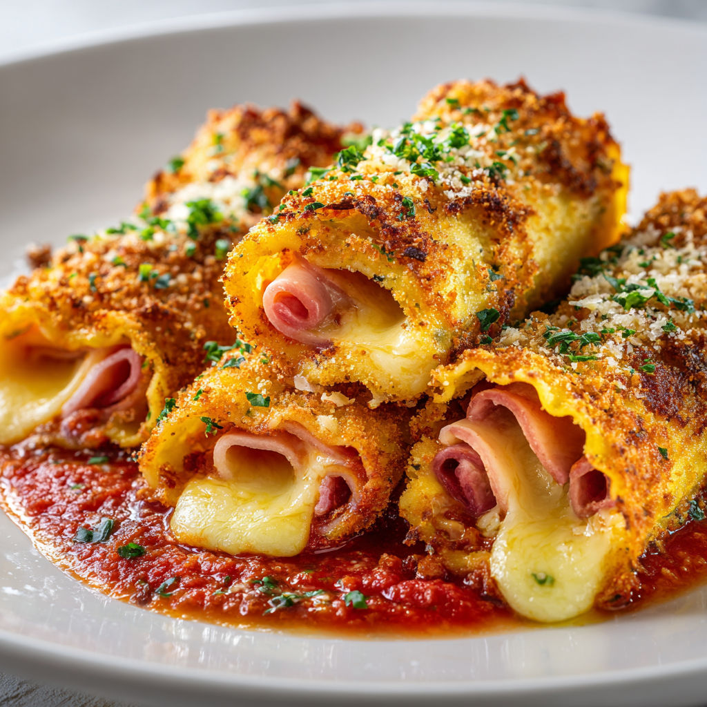 Roulés de lasagne croustillants au jambon et fromage fondant, enrobés de chapelure panko dorée au four.