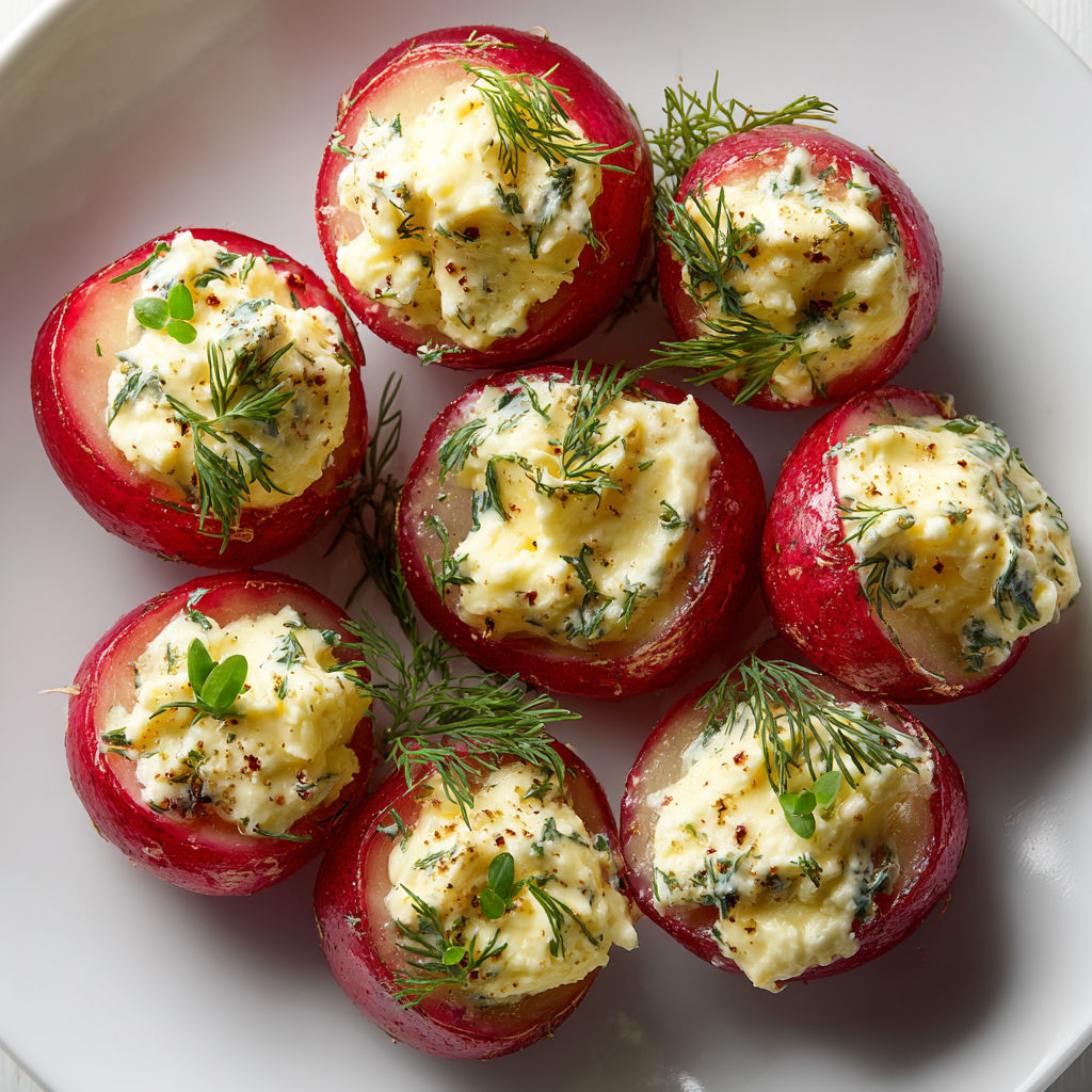 Radis farcis au fromage frais et œufs, relevés d’aneth et de citron, pour une bouchée ultra fraîche et légère.