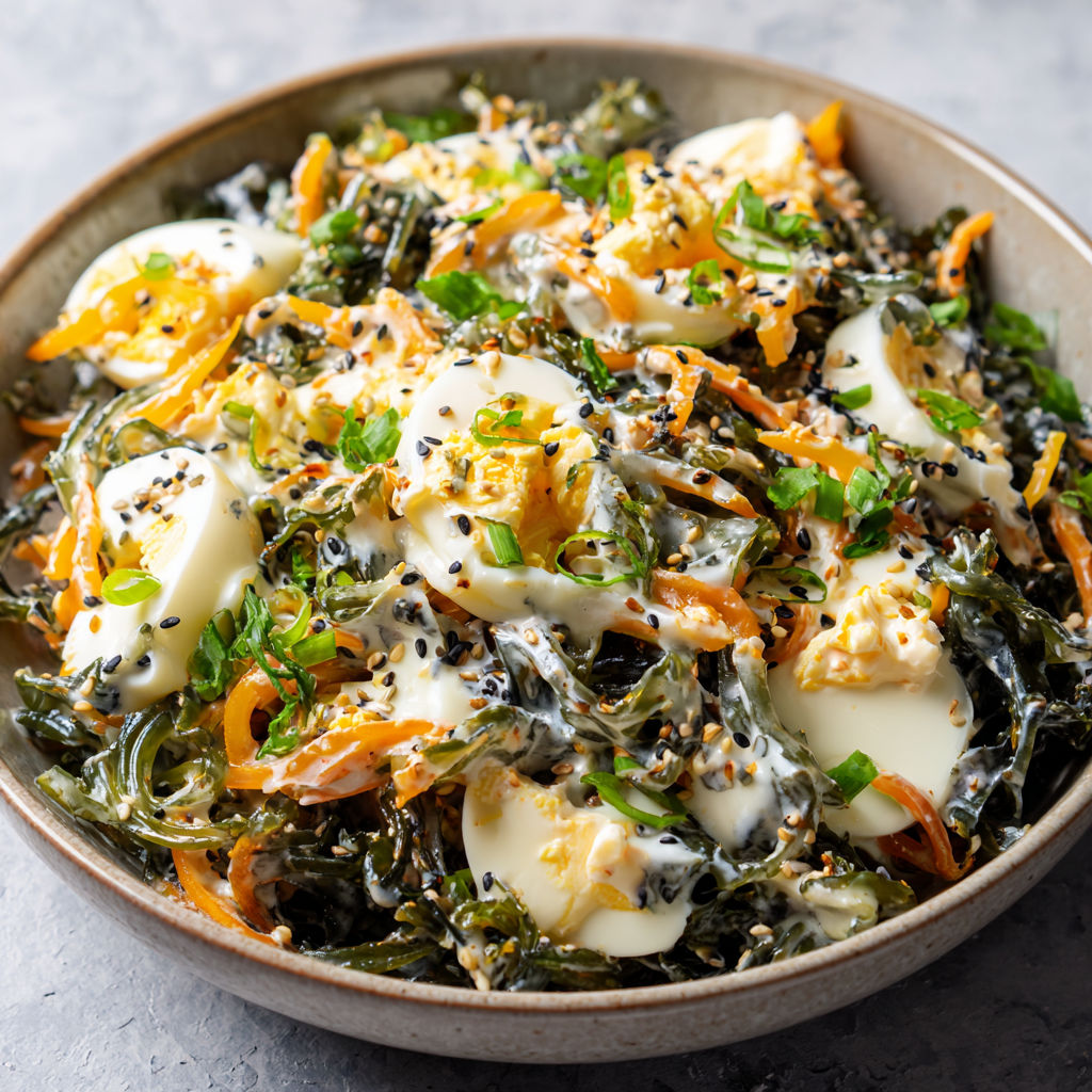 Salade printanière aux algues wakamé, œufs et légumes croquants, enrobée d’une vinaigrette asiatique riche et parfumée.