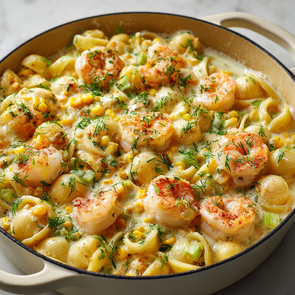 Une recette de Pâtes crémeuses façon chaudrée aux crevettes et maïs, riches et réconfortantes.