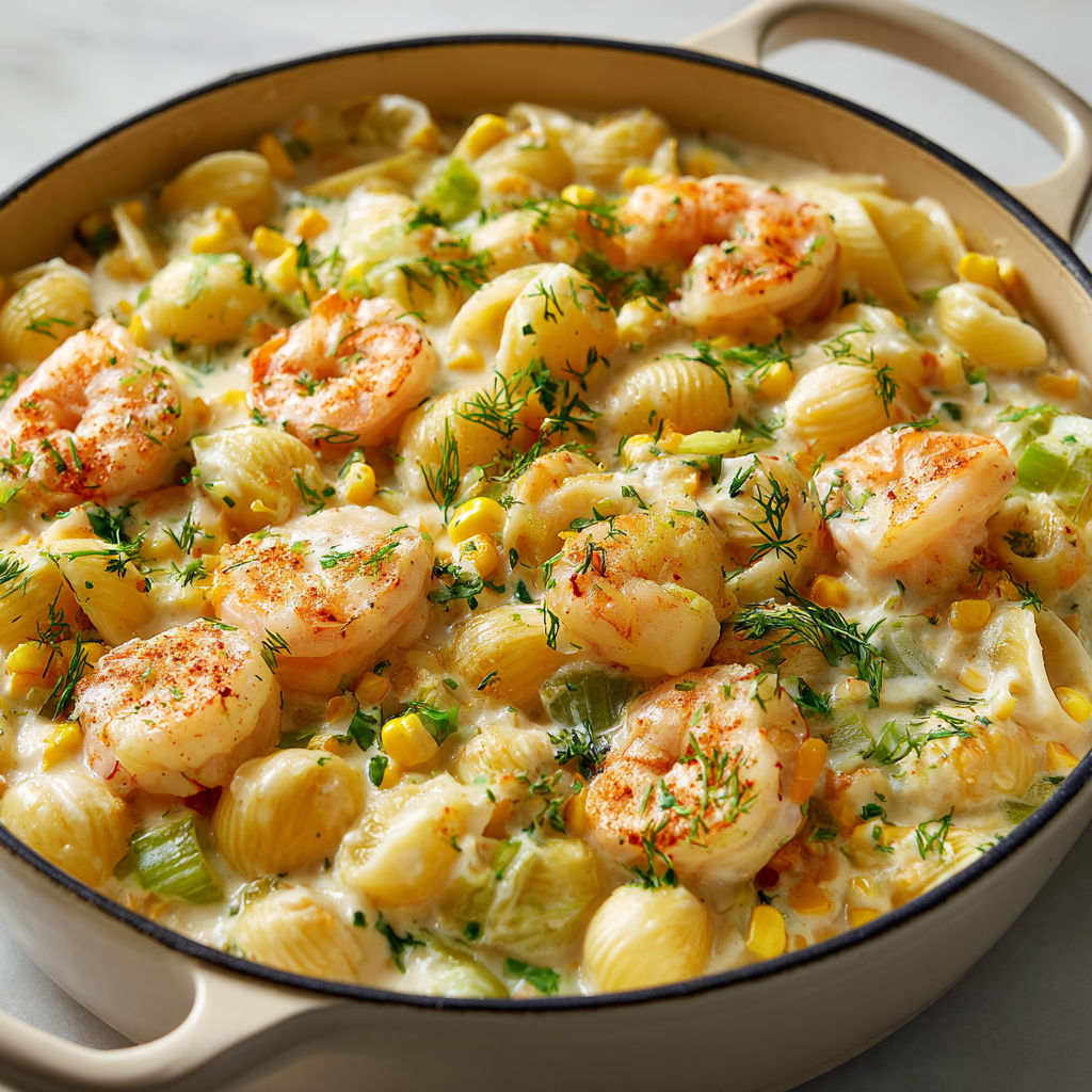 Coquilles en sauce veloutée au bouillon, lait et légumes fondants, garnies de crevettes et d’aneth frais.