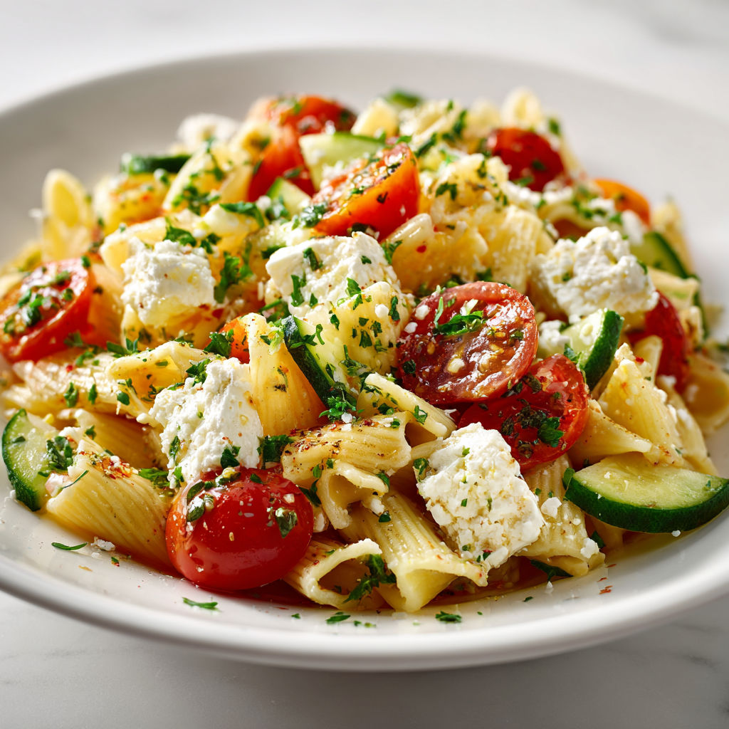 Une salade de pâtes à la féta et aux tomates cerises est servie sur un plateau.