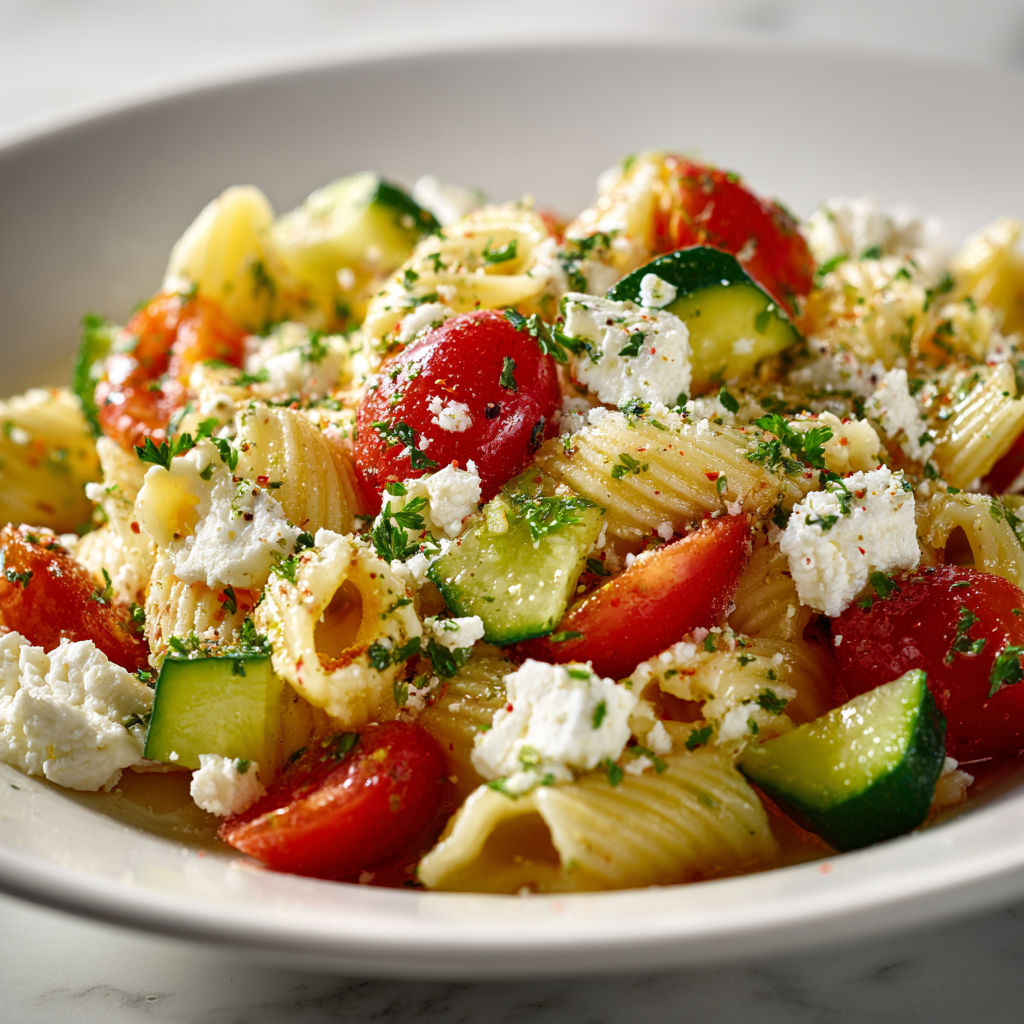 Salade de pâtes feta & légumes croquants, fraîche et ensoleillée.