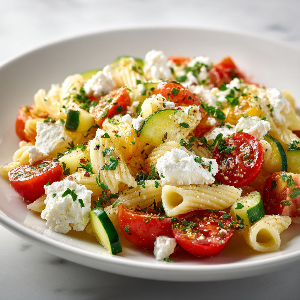 Pâtes froides gourmandes aux tomates cerises, concombre et feta.