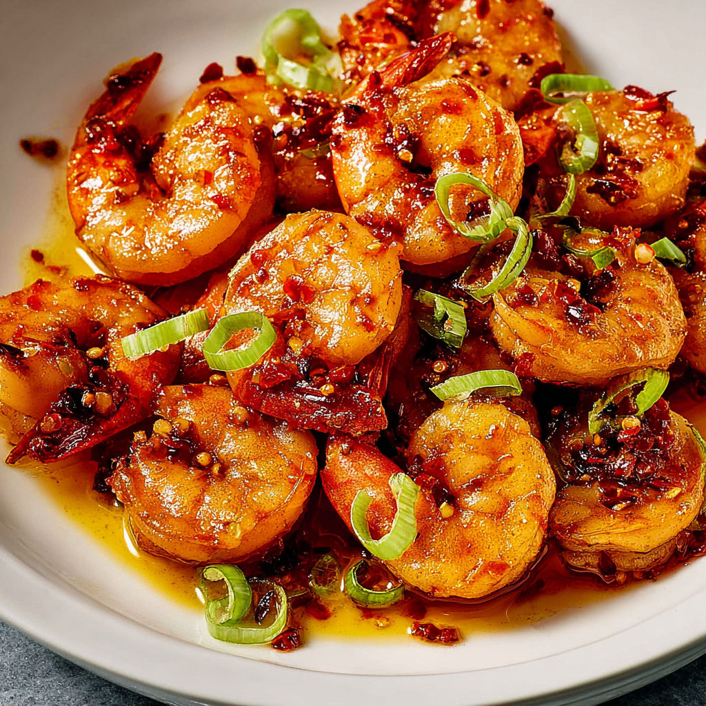 Crevettes sautées relevées au chili crisp, rapides et intensément épicées.