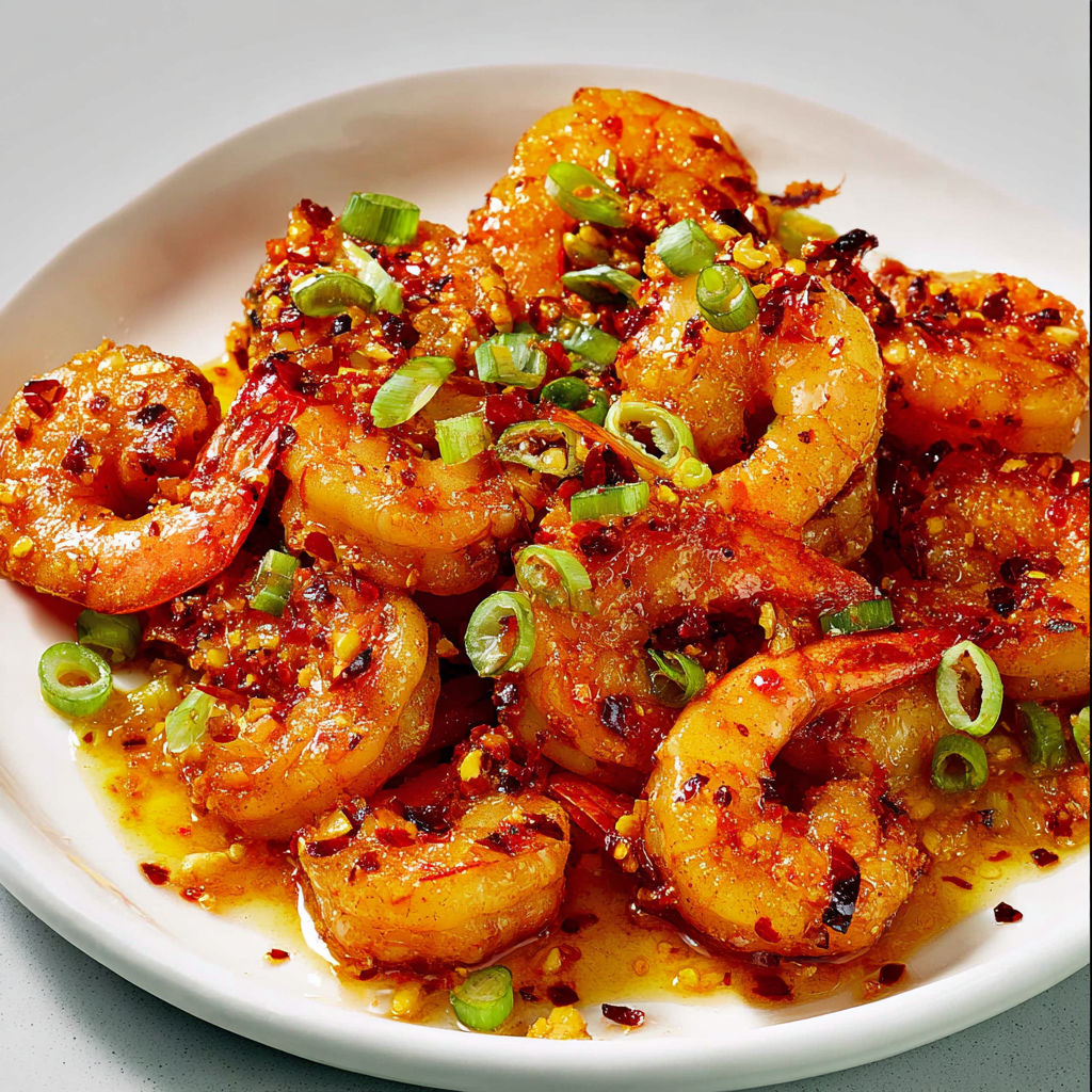 Crevettes dorées au wok enrobées d’un condiment pimenté, servies avec oignon vert et riz.