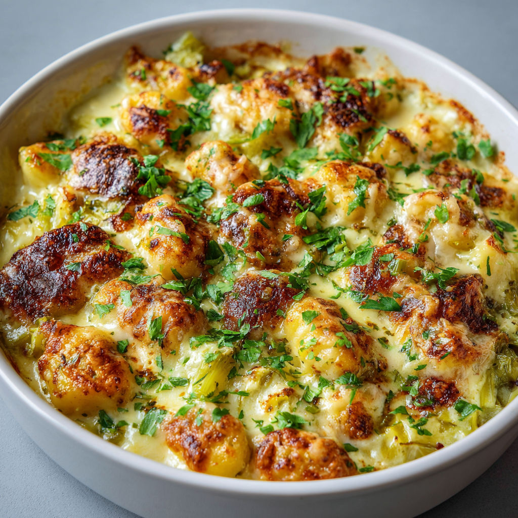 Gratin de gnocchis crémeux aux poireaux fondants et fromage gratiné.