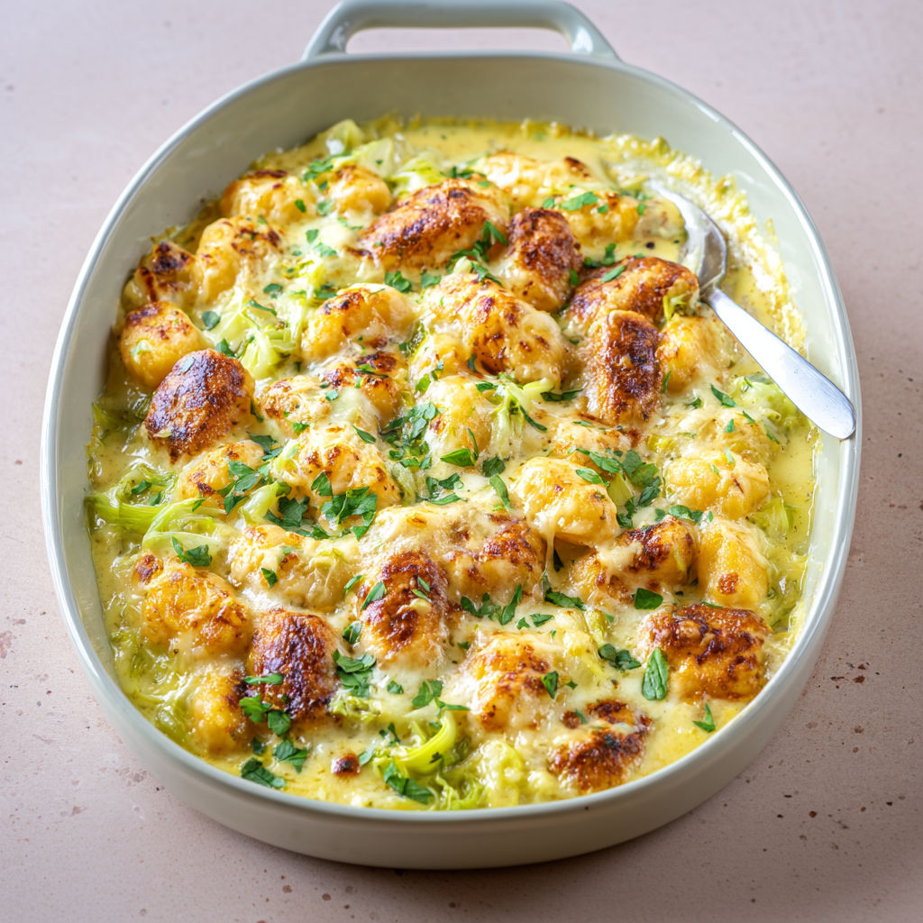 Gnocchis poêlés et sauce béchamel aux poireaux, relevée de curry et moutarde, gratinés au four jusqu’à dorure.