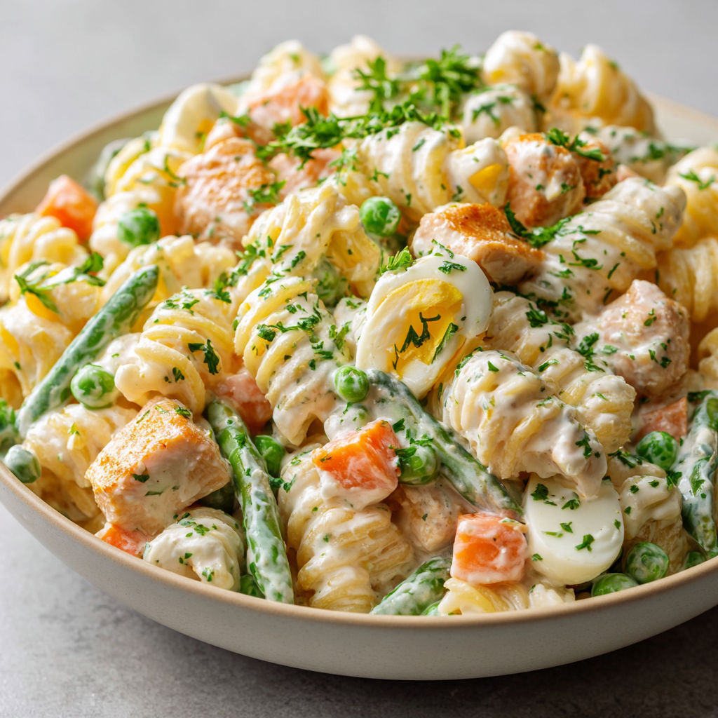 Une salade de pâtes fondantes avec du poulet et des légumes verts.