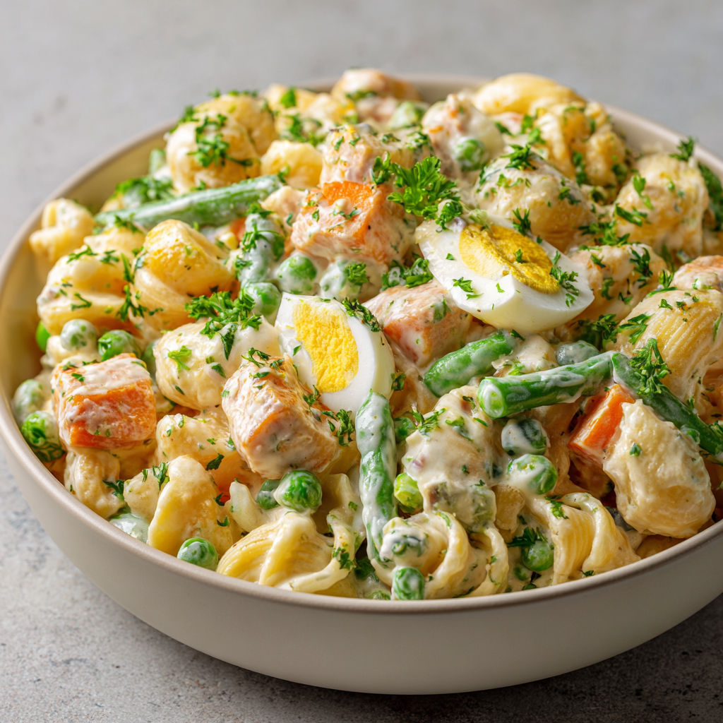 Salade de pâtes au poulet, œufs et légumes, onctueuse et complète.