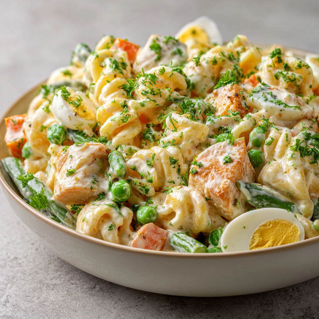 Salade de pâtes gourmande au poulet et crudités, simple, crémeuse et idéale à préparer à l’avance.