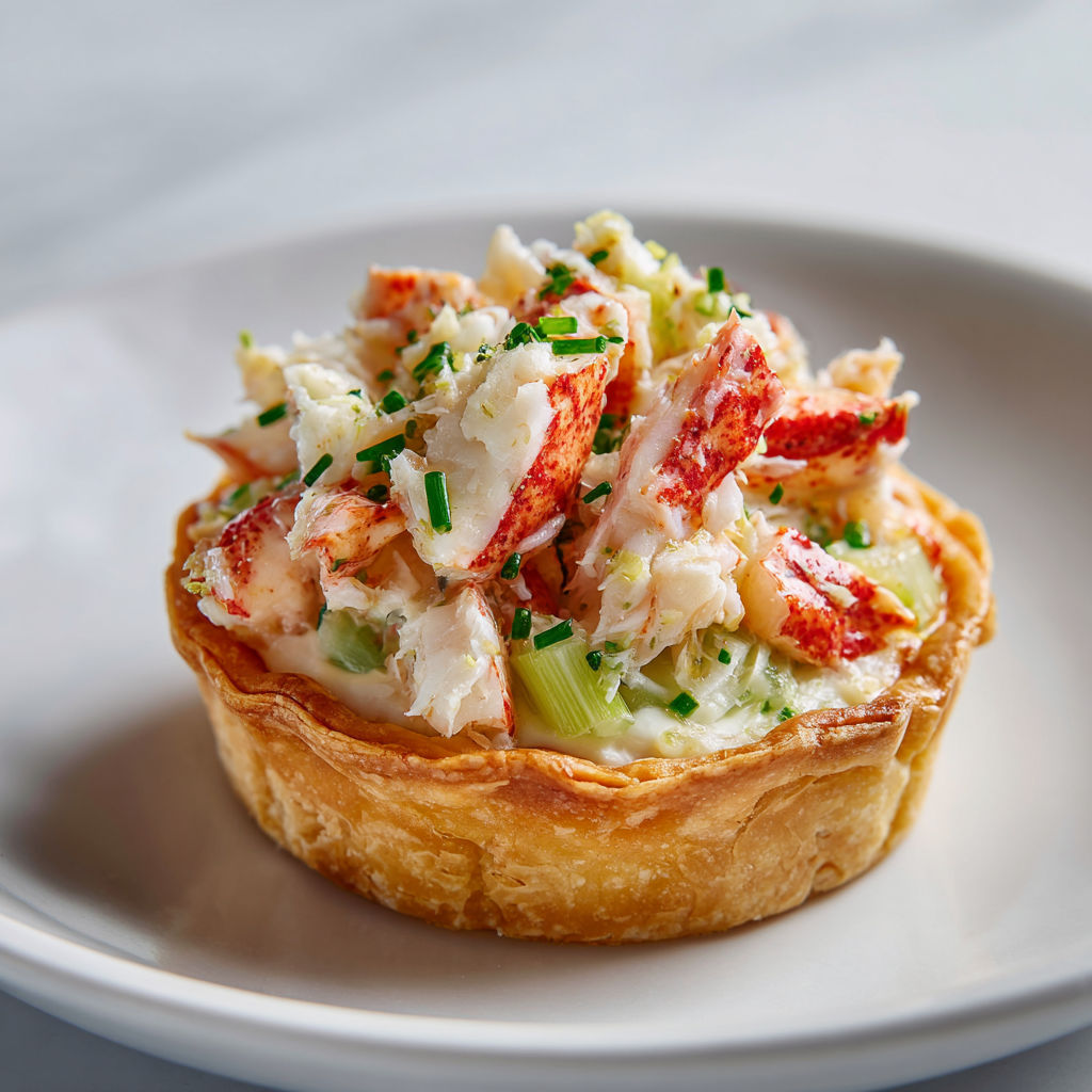 Une tartelettes aux poireaux et au crabe est servie sur un plateau.
