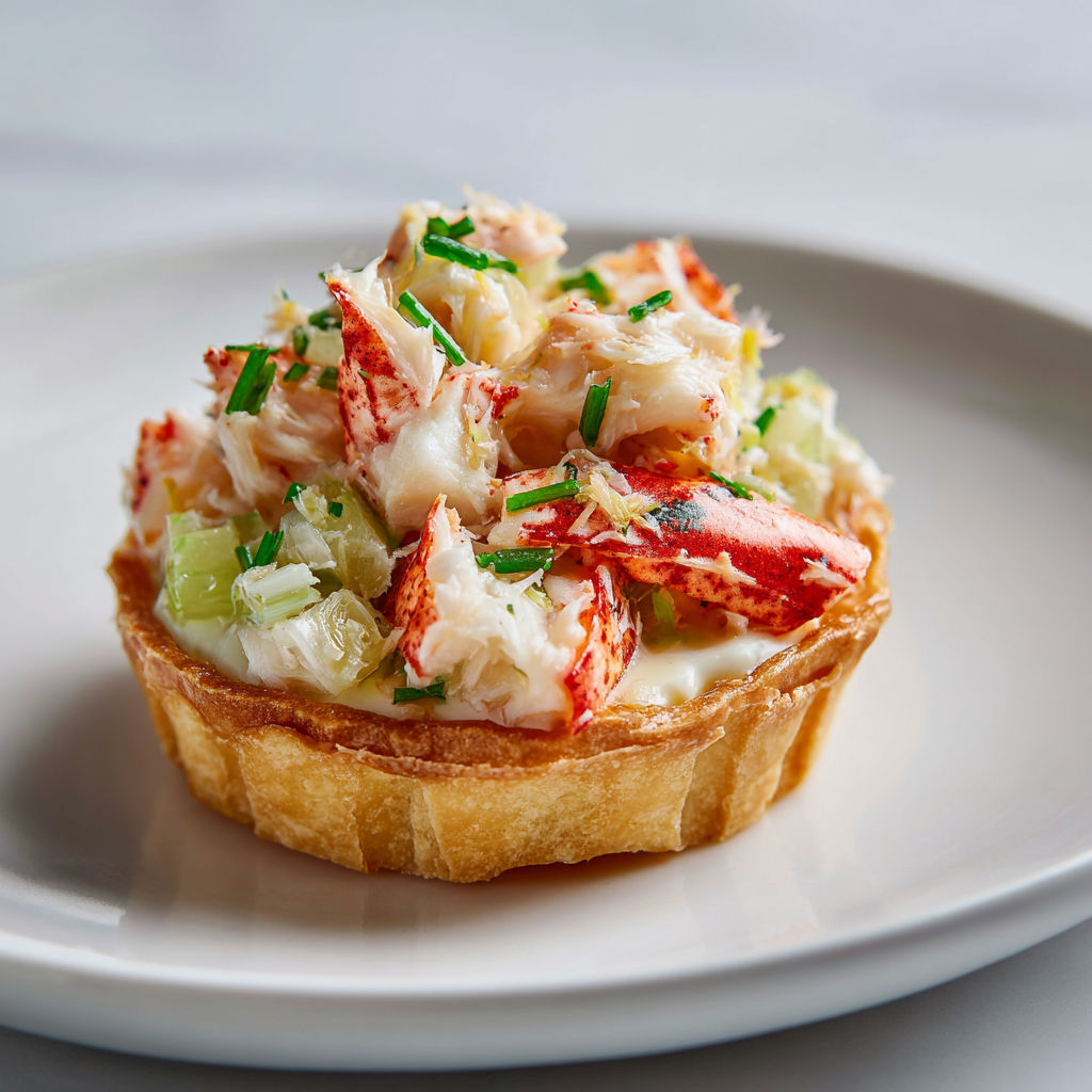 Une tartelettes aux poireaux et au crabe est servie sur un plateau.