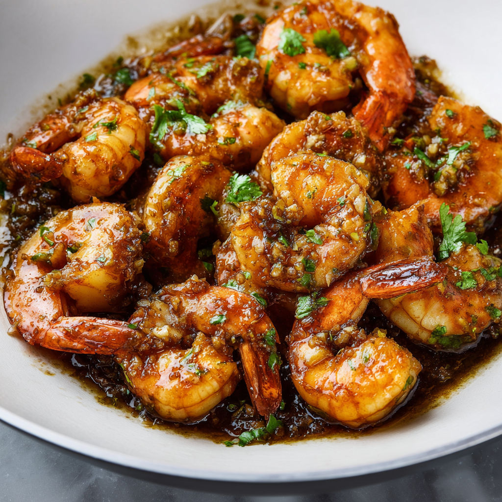 Une assiette de crevettes sautées avec des herbes et des épices, accompagnées de coriandre.