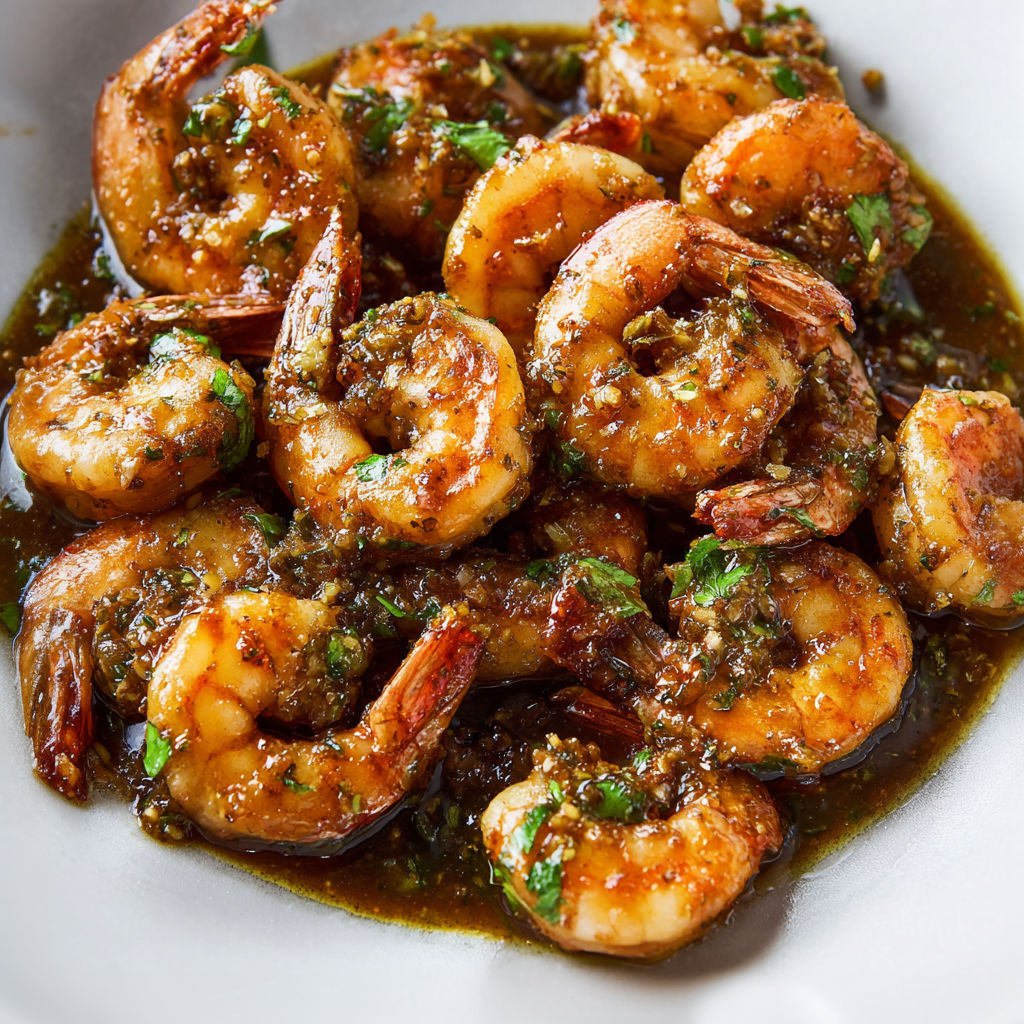 Une assiette de crevettes sautées dans une sauce aux racines de coriandre.
