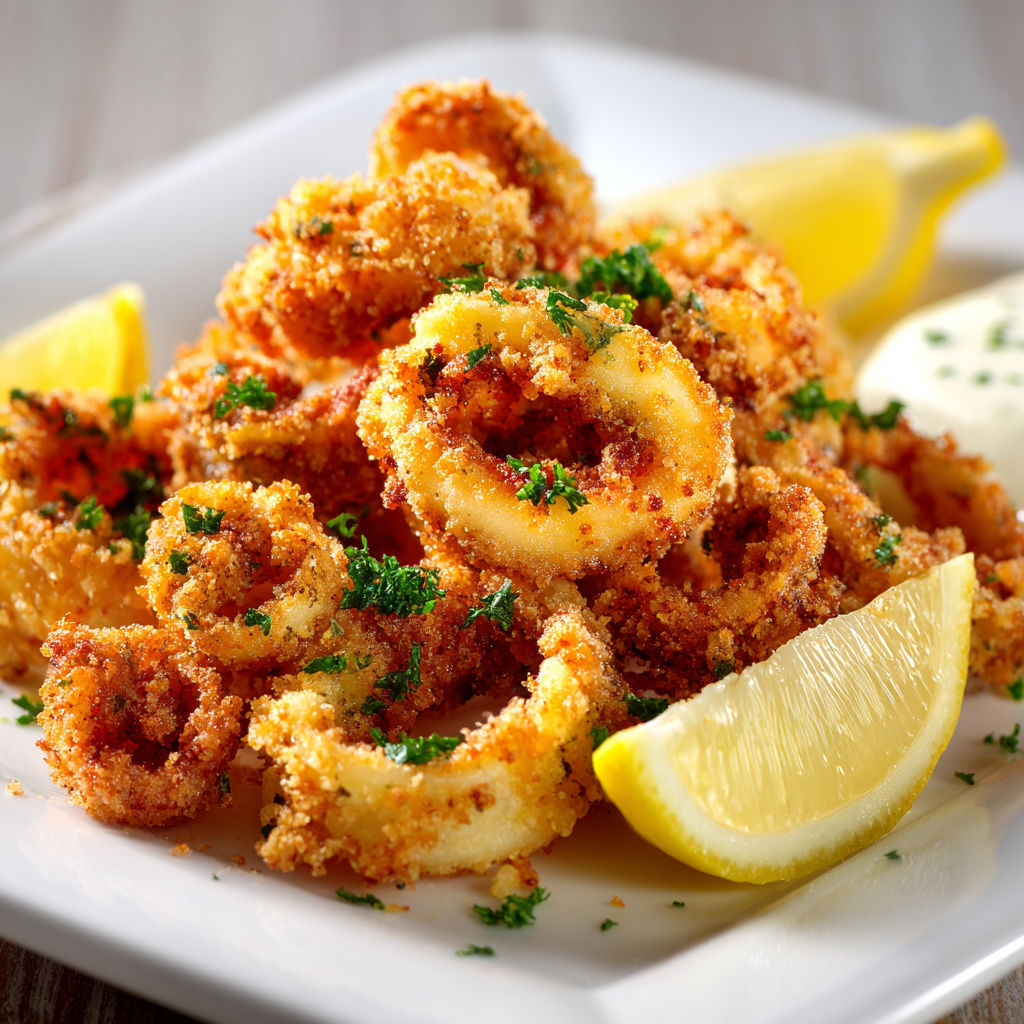 Une assiette de Calmars frits, accompagnés d'une cuillère de citron vert, est servie sur une table.