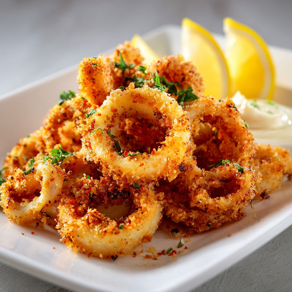 Rondelles de calamars dorées et légères, panure croustillante aux épices et sauce aïoli crémeuse.