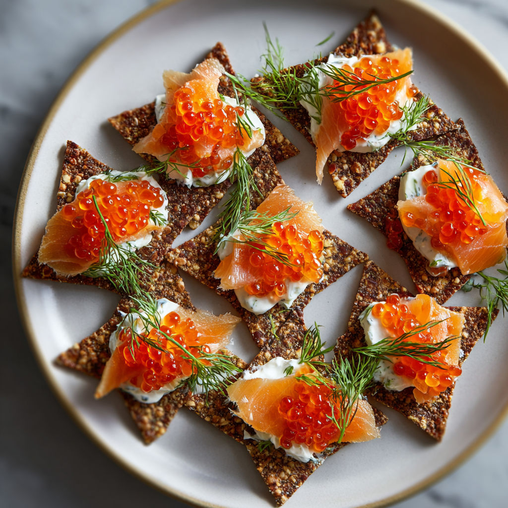 Une plaque de crackers de crêpes au flétan fumé et oeufs de saumon.