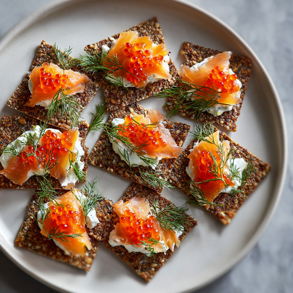 Crackers croustillants au flétan fumé, crème citronnée et œufs de saumon.