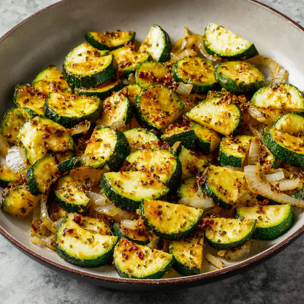 Poêlée de courgettes fondantes à l’oignon et huile d’olive parfumée.