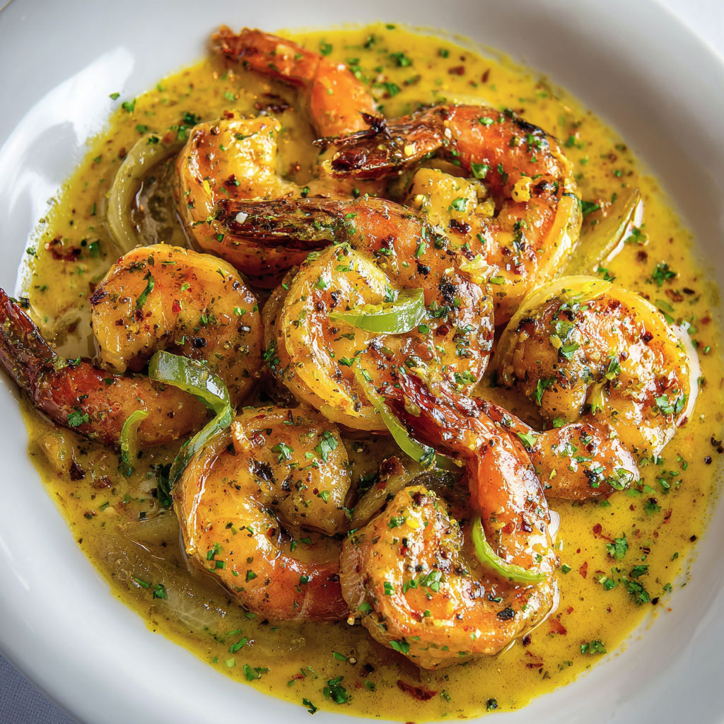 Crevettes sautées à la moutarde de Dijon et vin blanc, sauce relevée et citronnée.