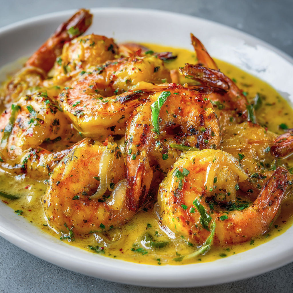 Crevettes poêlées à la moutarde, ail et piment, sauce crémeuse au vin blanc.