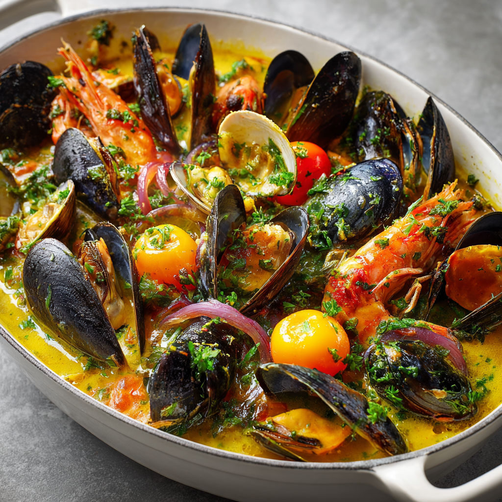 Casserole de fruits de mer au safran, bouillon parfumé au vin blanc et légumes.