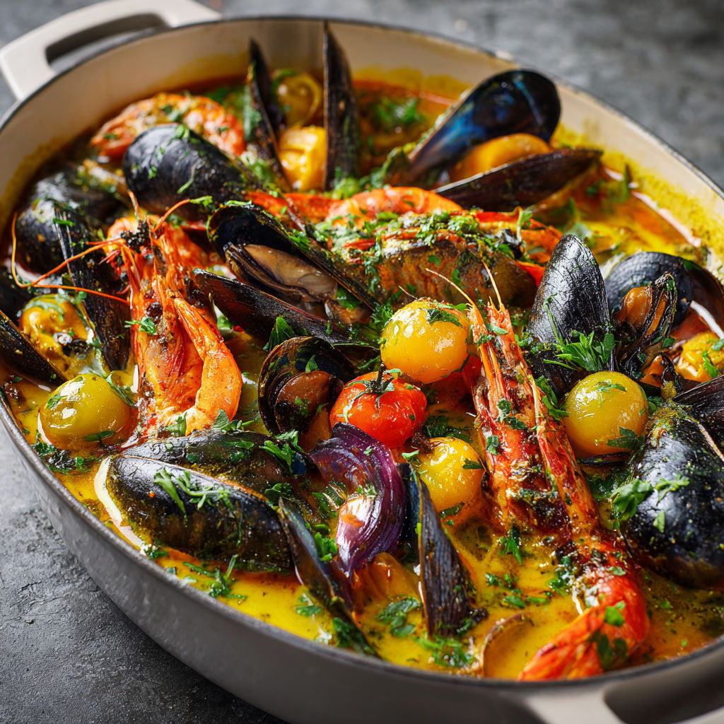 Marmite de fruits de mer safranée aux moules, palourdes et langoustines.