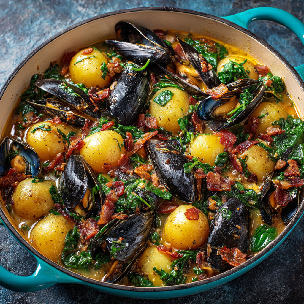 Casserole de moules et de pommes de terre, une recette savoureuse et délicieuse.