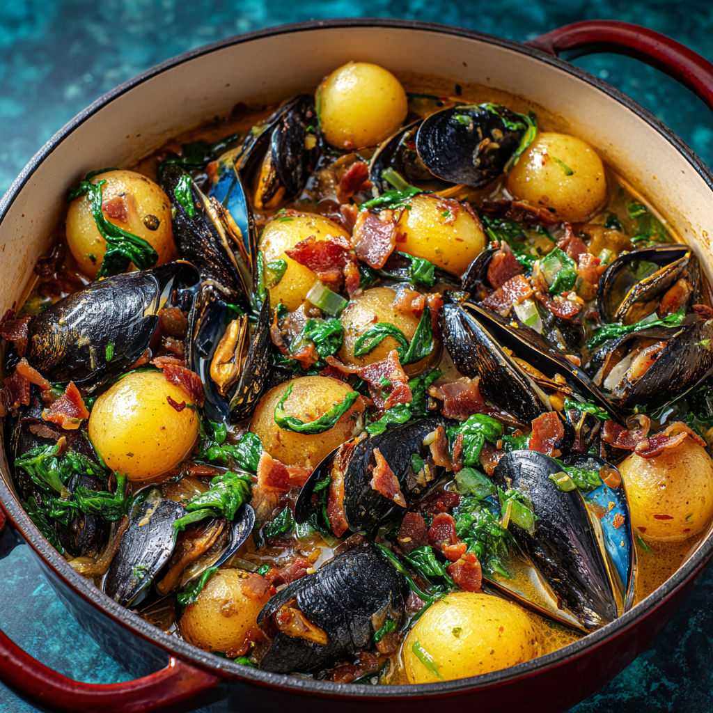 Casserole rustique de moules aux pommes de terre, bacon croustillant et cidre.