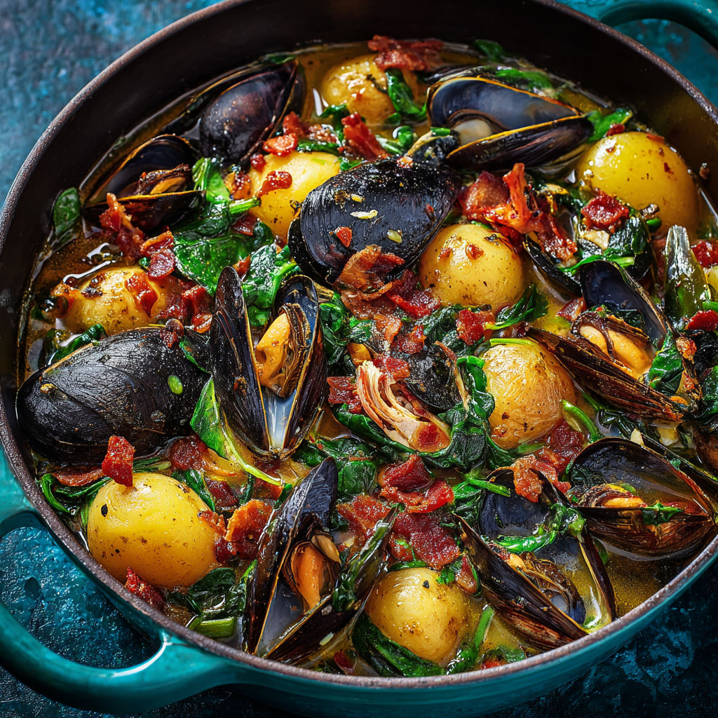 Moules mijotées aux pommes de terre et épinards dans un bouillon au cidre.