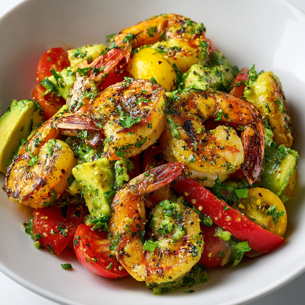 Une assiette de crevettes grillées et salade d'avocat, avec des légumes tels que des tomates, des avocats et des herbes.